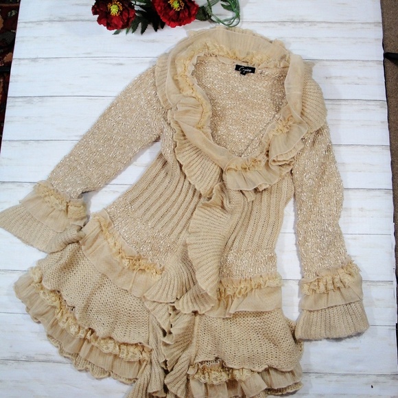Cecice Sweaters - Cecice Tan Cardigan With Ribbons & Ruffles  S